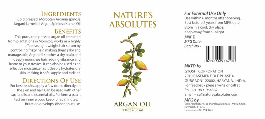 Cold Pressed - Argan Oil-  Natural Moisturizer For hair and skin