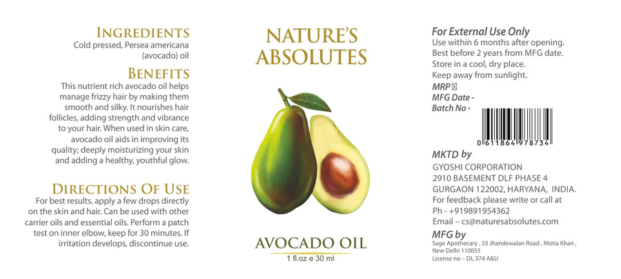 Cold Pressed - Avocado Oil -  Natural Moisturizer For hair and skin (30 ml)