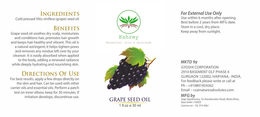 Cold Pressed - Grape Seed Oil - Natural Moisturizer For hair and skin (30 ml)