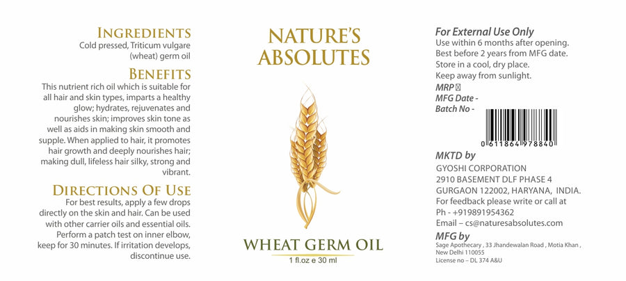 Cold Pressed - Wheat Germ Oil - Natural Moisturizer For hair and skin (30 ml)